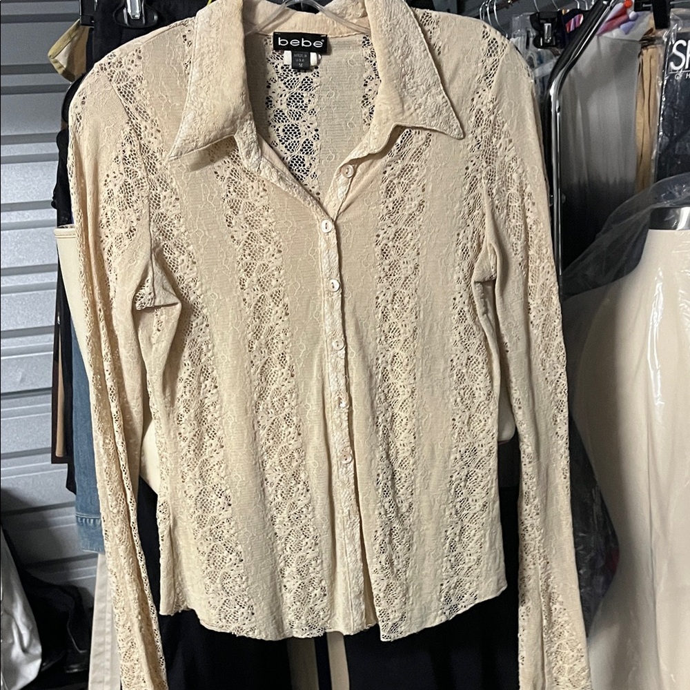 Bebe Beige Lace Button-Down Shirt